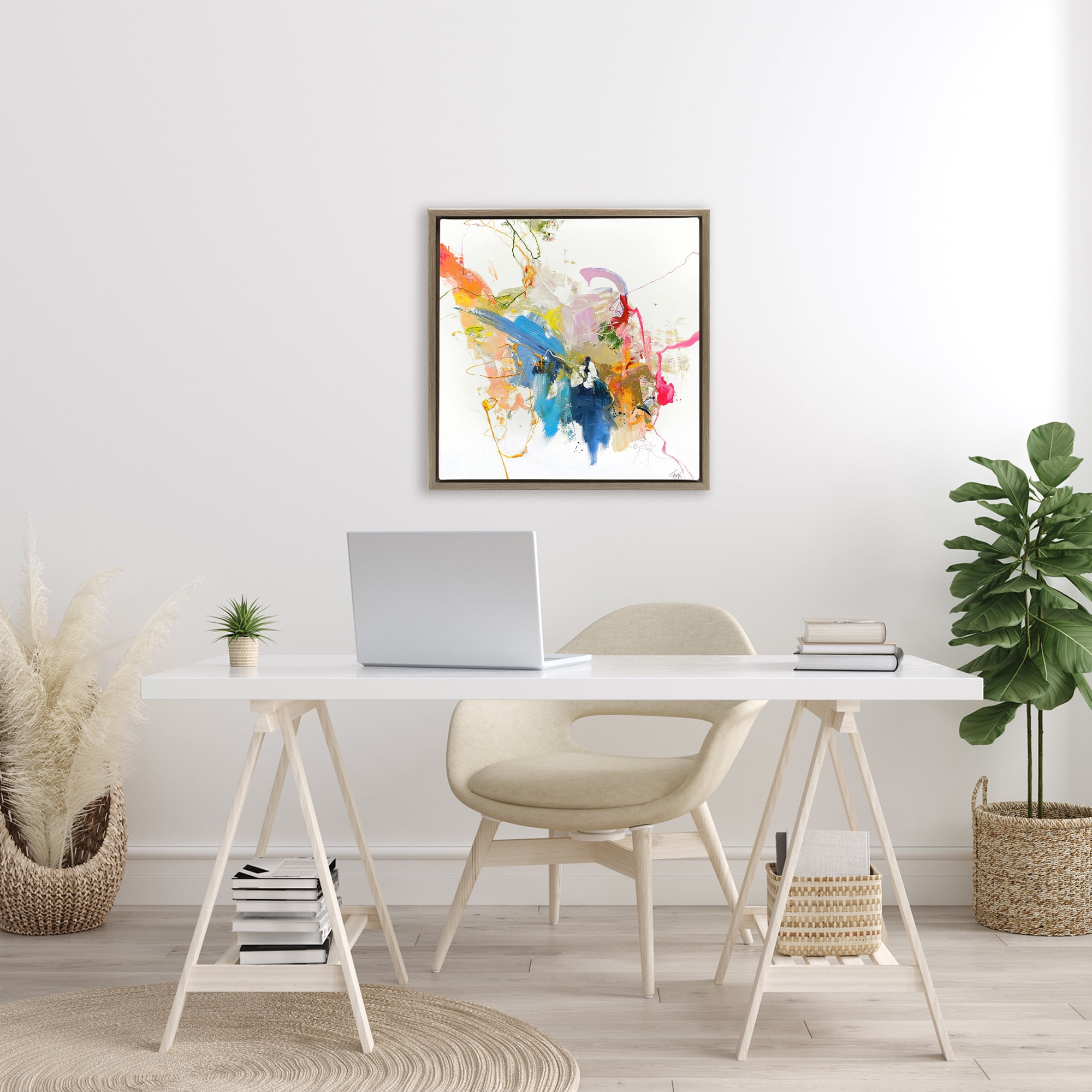 Confident Pink Abstraction Brown Framed Floater Canvas Wall Art, design by Design Fabrikken