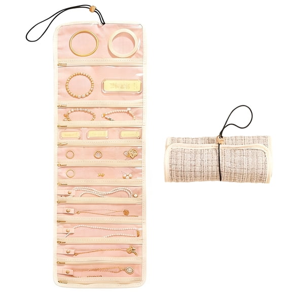 Travel Jewelry Roll, Beige Portable Jewelry Organizer with Zippered Pockets, 28.3 in Large Capacity Jewelry Organizer with Individual Straps, Hanging Hook,Space Saving,Polyester for Necklace,Bracel