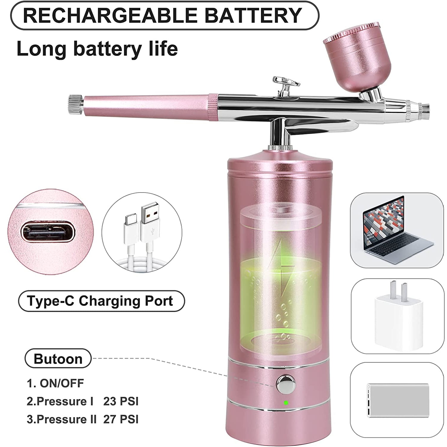 Beemyi Pink Mini Air Compressor Kit Air-Brush Paint Spray Gun