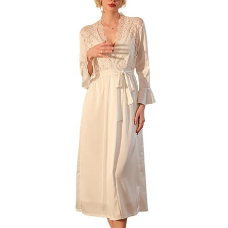 Tao Tao Womens Long Robe Kimono Lace Silk Satin Bathrobe Dress Babydoll Plus Size Pajama Nightgown With Belt White M