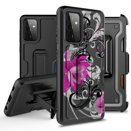 Bemz Armor Kombo Series for Samsung Galaxy A52 5G Case (Heavy Duty Rugged Kickstand Cover with Belt Clip Holster) with Touch Tool - Magenta Floral Vines