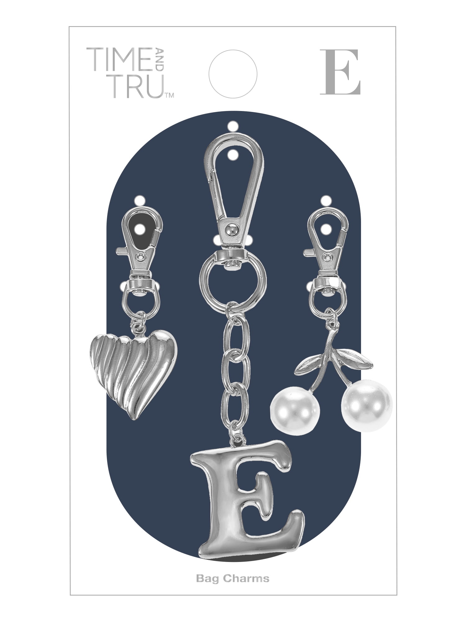 Time and Tru Silvertone Initial Letter Bag Charm Set, 3 Pieces, Letter E