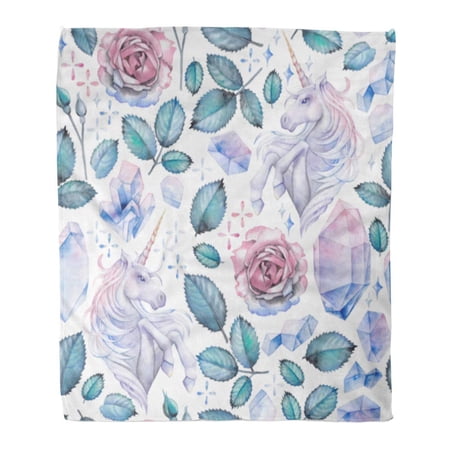 SIDONKU Throw Blanket Warm Cozy Print Flannel Cute Watercolor Pastel Colored Unicorn Decorated Rose Vignette and Crystals Comfortable Soft for Bed Sofa and Couch 50x60 Inches