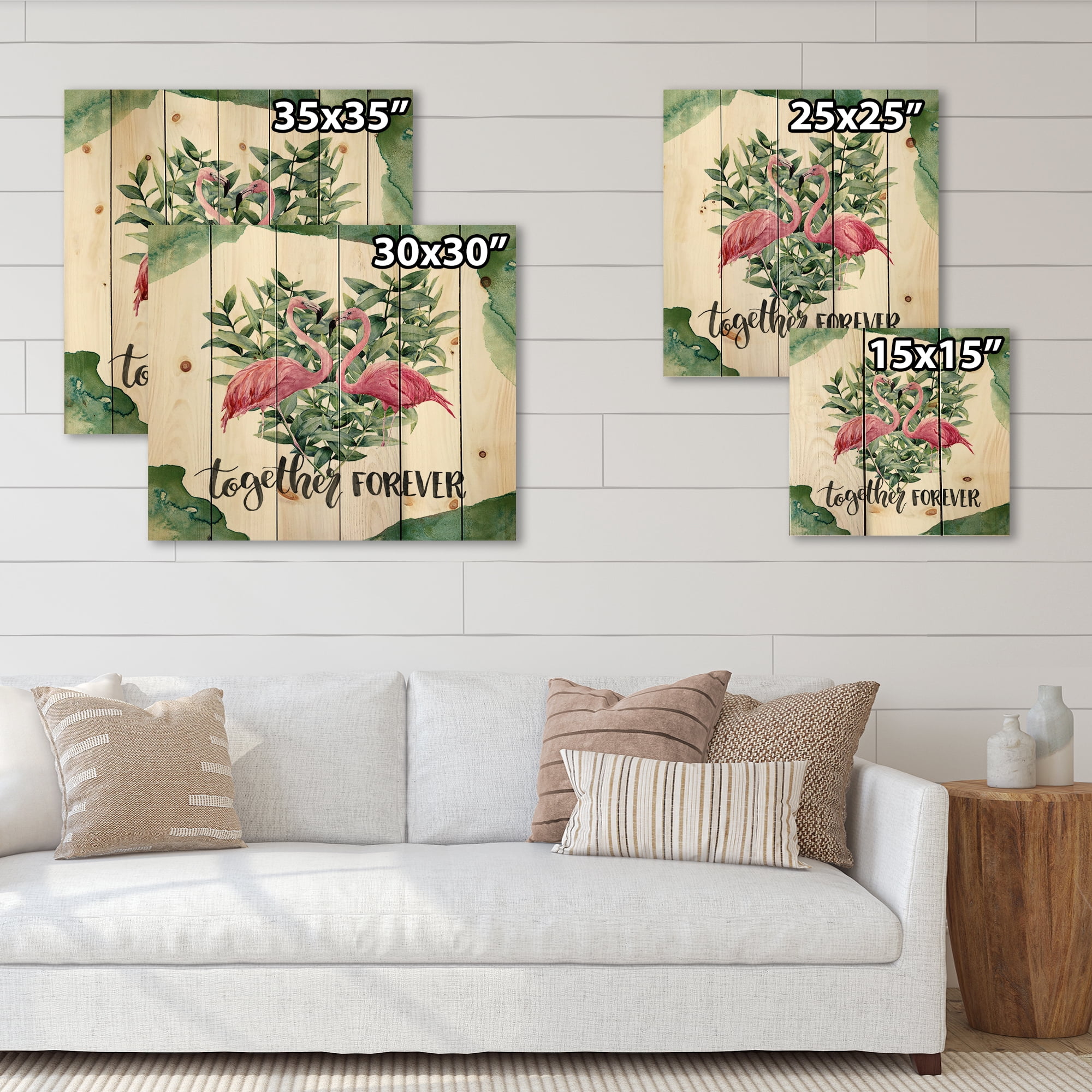 Designart 'Eucalyptus Leaves With Flamingo Floral Heart' Traditional Print on Natural Pine Wood