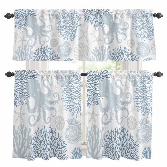 Blue Octopus Coastal Kitchen Curtains Sets for Windows 24 Inch Length, Nautical Coral Starfish Rod Pocket Window Treatments Tier Curtains and Valances Set for Bedroom/Bathroom