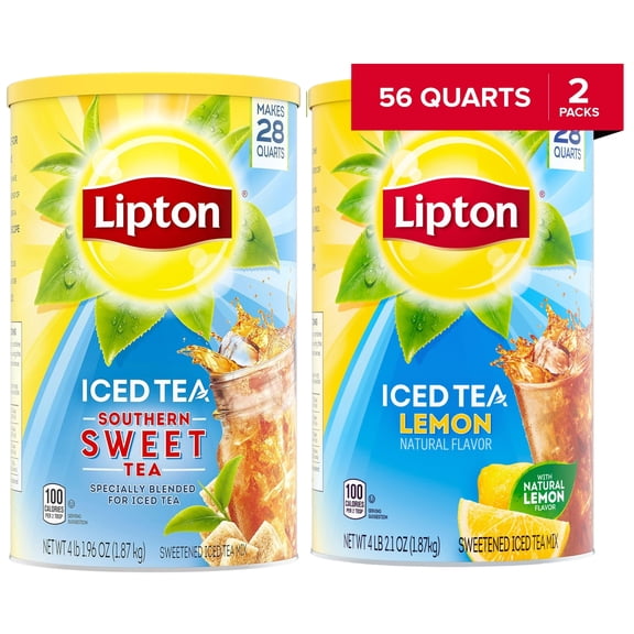 Lipton Variety Pack Iced Tea Mix – Pack of 2, Southern Sweet 28 Quarts & Sweetened Lemon, Makes 56 Quarts Total – Powdered Drink Mix with Real Tea Leaves