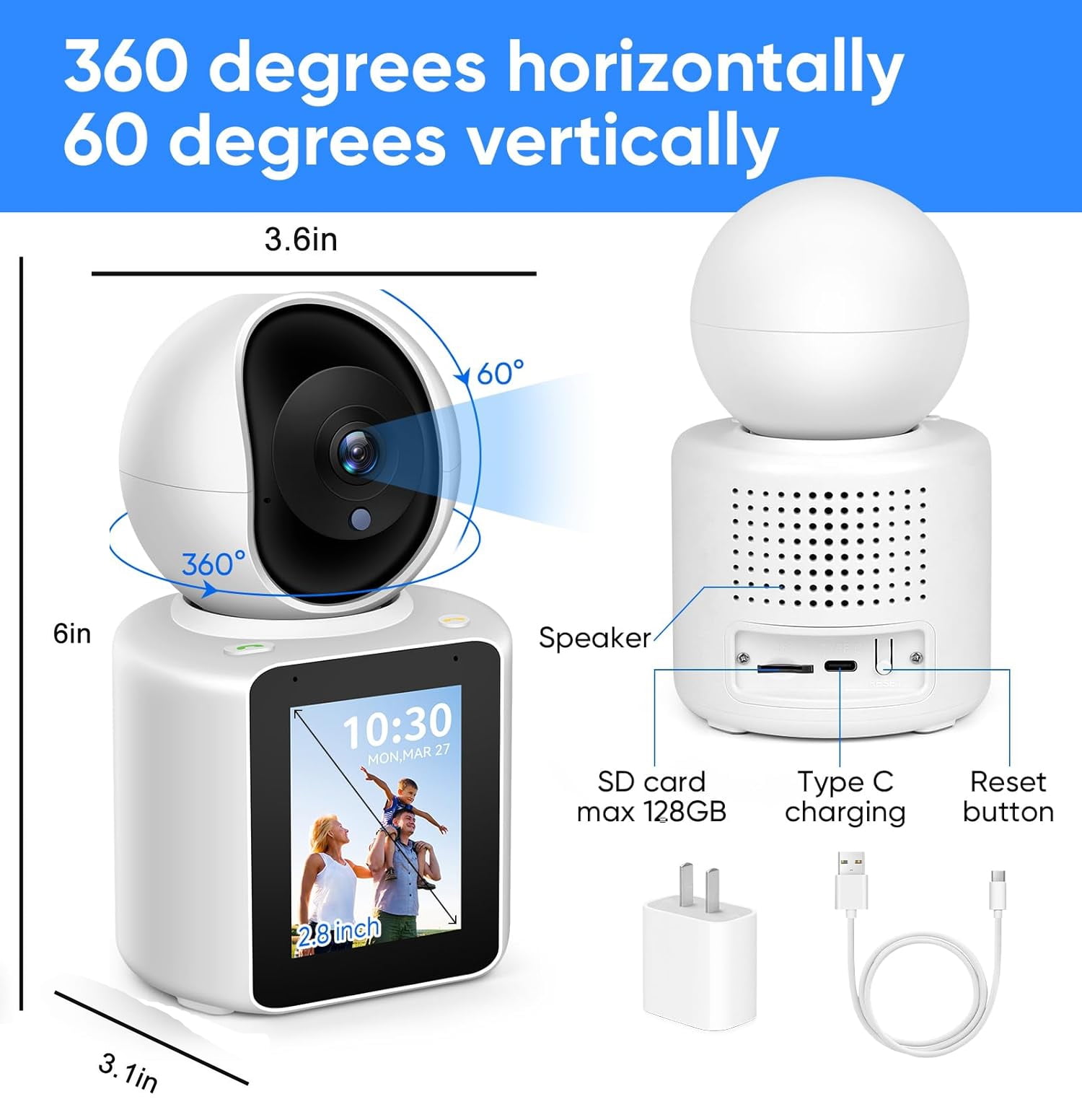 Two-Way Video/Audio Indoor Camera, Child/Elder/Dog/Pet Camera with Phone App, 2.8In Screen, 1080P Home Security Camera with Night Vision, One-Button Call