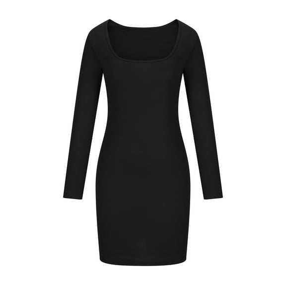 Aofany Fashionable Women's Long Sleeved Low Square Neck Slim Elastic A-line Knit Dress