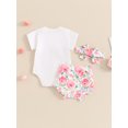 thumbnail image 4 of Bagilaanoe 3Pcs Newborn Baby Girl Shorts Set Short Sleeve Letter Print Romper Tops + Floral Shorts + Headband 3M 6M 12M 18M Infant Casual Summer Clothes, 4 of 8