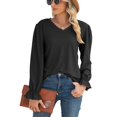 thumbnail image 2 of Blusa de mujer con cuello en V y mangas largas de encaje con volantes huecos y puños Blusa de ajuste casual de moda para dama Negro S, 2 of 4