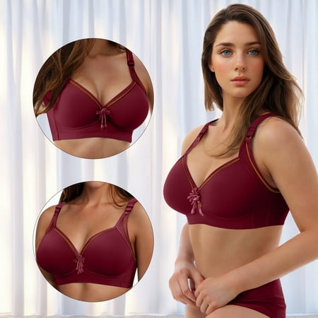 REORIAFEE Bralette for Women Gathered Together Wirefree Bras Seamless Adjustable Straps Brassiere Comfy Spaghetti Straps Breathable Corset Underwear Comfortable Classic Support Lingerie Wine M