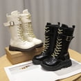 thumbnail image 5 of PFWOWB Girls Knee-High Combat Boots Lace-Up Buckle Strap Tall Boots with Side Zipper (Black,13), 5 of 5