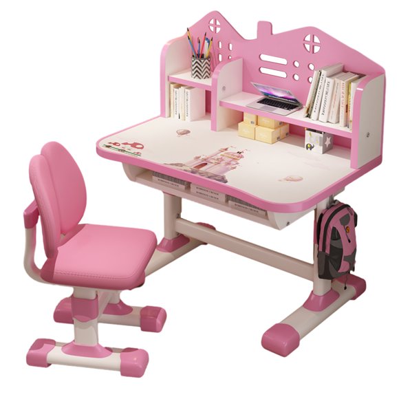 Limorve Ensemble Bureau et Chaise d'Étude pour Enfants, Motif de Dessin Animé avec Hauteur Réglable et Tiroir pour la Maison Ou l'École