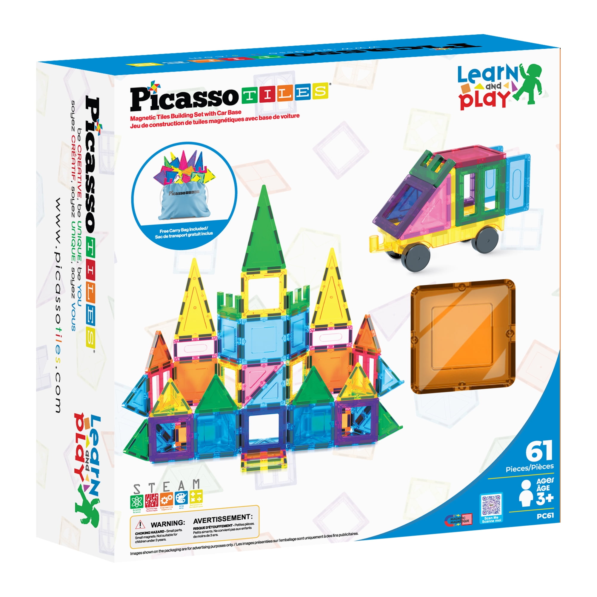 PicassoTiles Magnetic Tiles for Kids with Tote Bag – 61PCS STEM Building Blocks Set, Educational Construction Toy, Creative Learning Magnet Kit