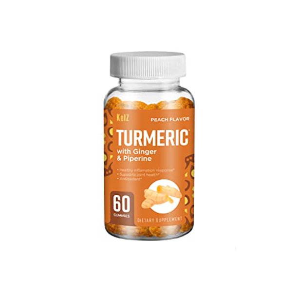 KelZ Turmeric with Ginger & Piperine Supplement Gummies, Peach Flavor