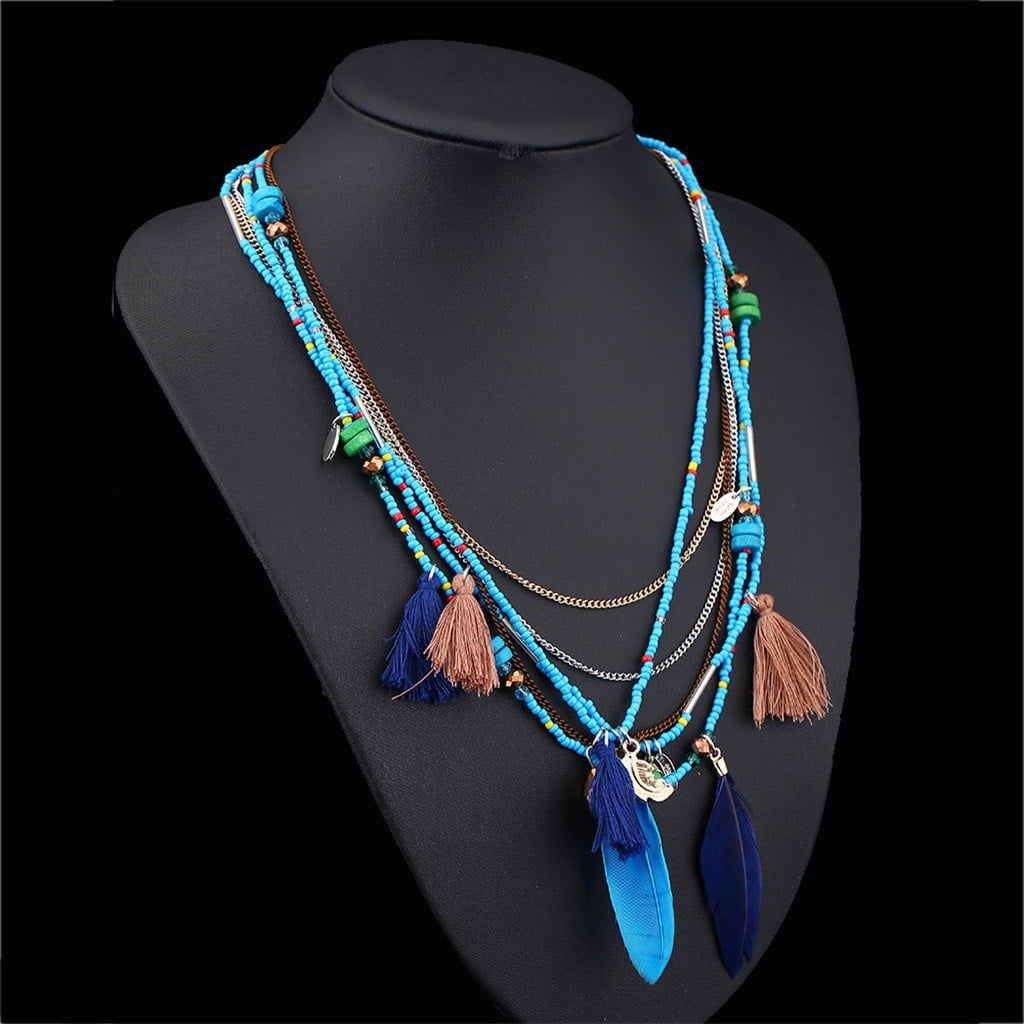 Ethnic Multi-Color Handmade Feather Pendant Beads Chain Women Collars Necklace 