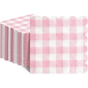 120 Pcs Pink Gingham Napkins, Pink Baby Shower Napkins Scalloped Cocktail Napkins Disposable Pink Checkered Napkin Plaid Napkins for Valentines, Baby Shower, Tea Party, Picnic, 5 x 5 Inches