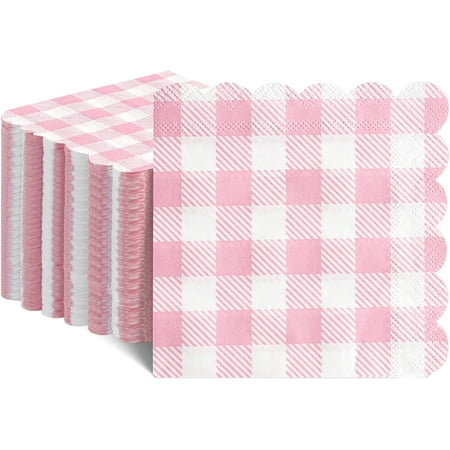 120 Pcs Pink Gingham Napkins, Pink Baby Shower Napkins Scalloped Cocktail Napkins Disposable Pink Checkered Napkin Plaid Napkins for Valentines, Baby Shower, Tea Party, Picnic, 5 x 5 Inches