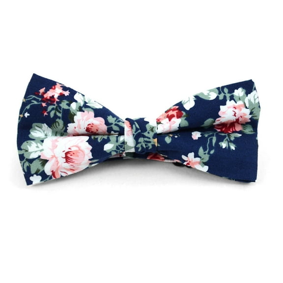 Urban-Peacock Men's Cotton Banded Bow Tie with Gift Box - Floral Wedding - Navy