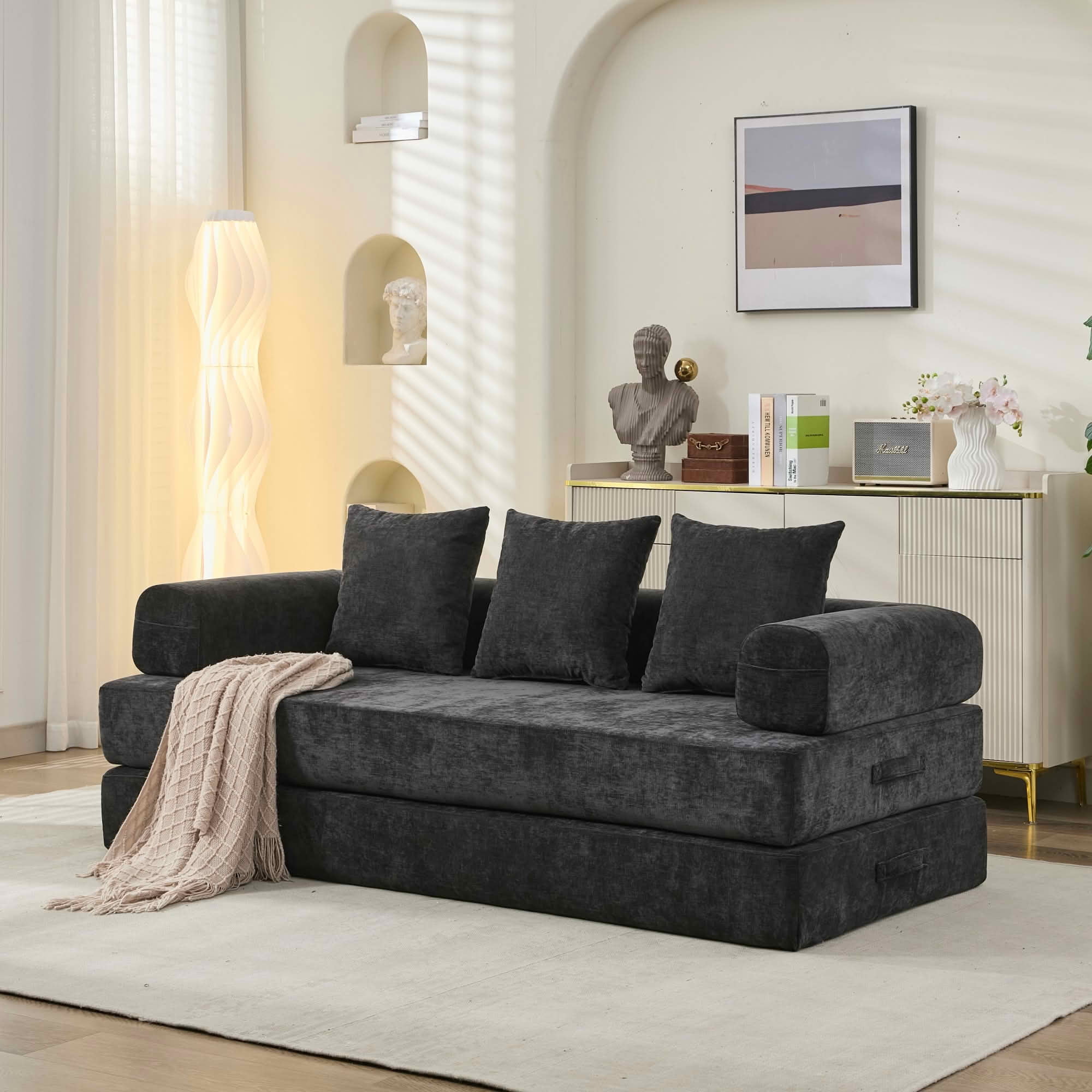 MAYEERTY Chenille Convertible Floor Sofa Bed, 78.8 Inch Folding Modular Lounge Couch with Armrest for Studio Bedroom Small Apartment
