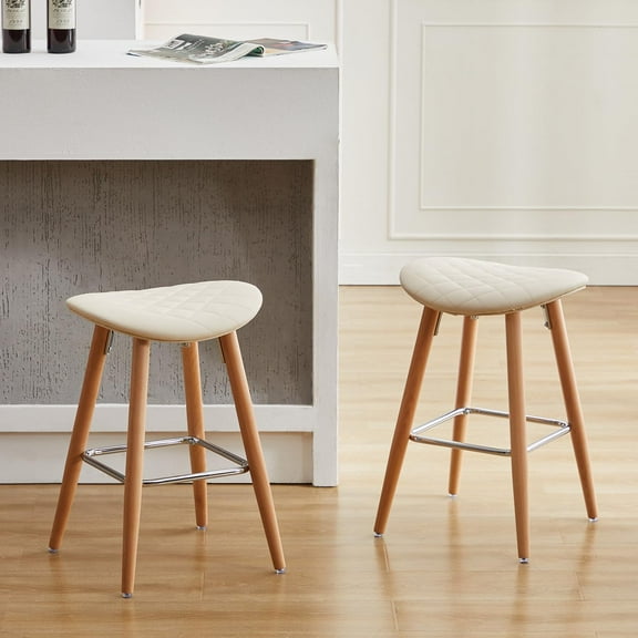 Counter Height Bar Stool Set of 2, PU Leather Backless Saddle Stools, Bar Stools Counter Height, Modern Counter Bar Stool, Comfortable Counter Saddle Stools for Kitchen, Beige