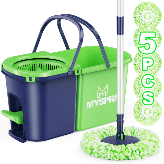 MYSPRI Spin Mop and Bucket with Wringer Set for Home Floor Cleaning, Separate Clean and Dirty Water System, 5 Reusable Microfiber Mop Pads - Green