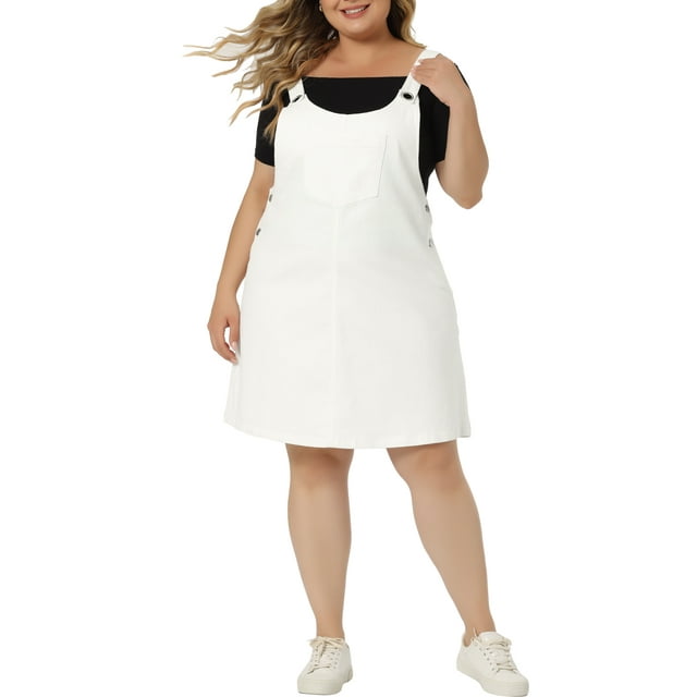 GRACE & GRANDEUR Robe Salopette Sans Manches pour Femme Grande Taille avec Poches, Midi Décontractée en Denim 4X Blanc
