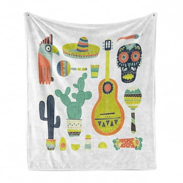 Fiesta Soft Flannel Fleece Throw Blanket, Mexico Guitar Face Aztec Tequila Skull Musical Instruments Taco, Cozy Plush for Indoor and Outdoor Use, 50" x 60", Multicolor, by Ambesonne