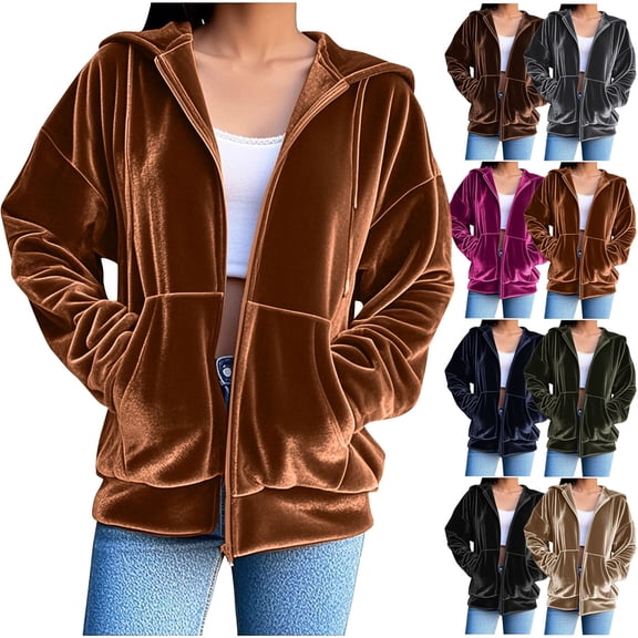 yillto Women Velvet Jackets Zip up Hoodie Sweatshirt Coat Long Sleeve Outerwear Soft Jacket with Pocket