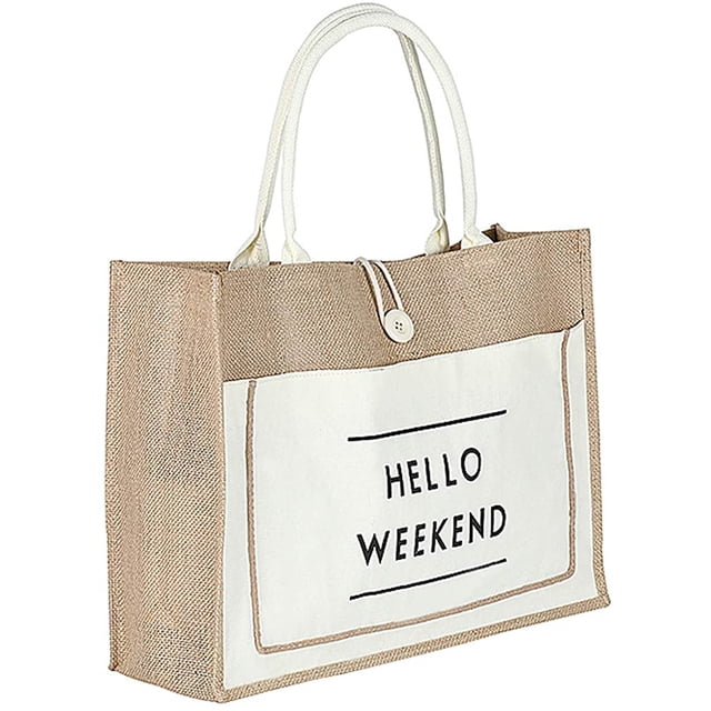 Sac de Plage en Jute pour Femmes, Sac de Courses Réutilisable avec Poignée Grand Sac de Courses pour Plage, Courses, Voyage par TBF Sac de Courses Réutilisable en Coton Jute Jute