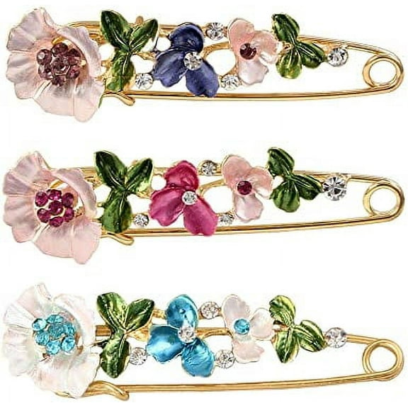 ERDOUY 3 Pieces Crystal Flower Safety Decorative Pins Brooch Clip Clasp Pin for Clothing Scarves Shawl Buttons