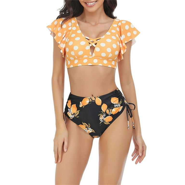 Lamuusaa 2Pcs Family Matching Girls Swimsuit for Women Floral Fruit Leaves Print Fly Sleeve Bikini Set Mommy and Me Bathing Suits Swimwear