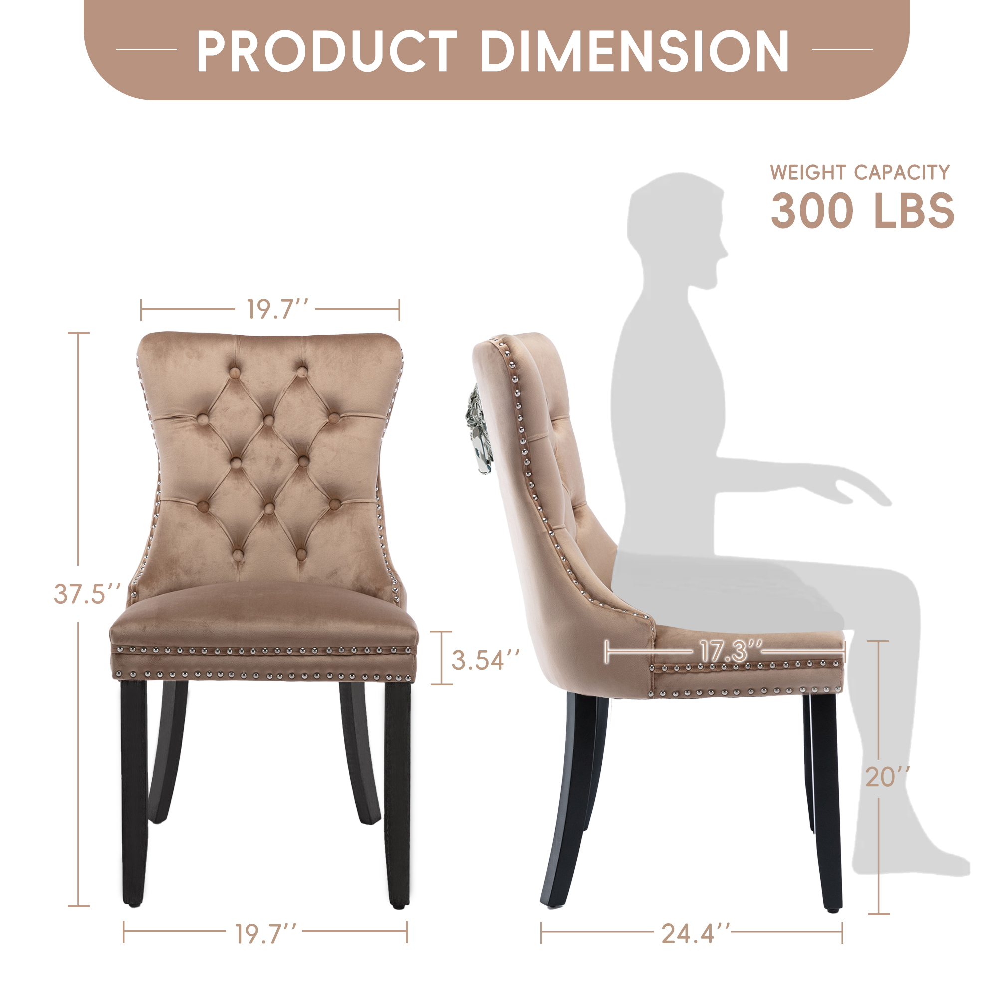 DONICK Velvet Upholstered Dining Chair Set of 8,Modern Tufted Kitchen Chairs Nailhead Lion Pull Ring Black Wood Legs(khaki)