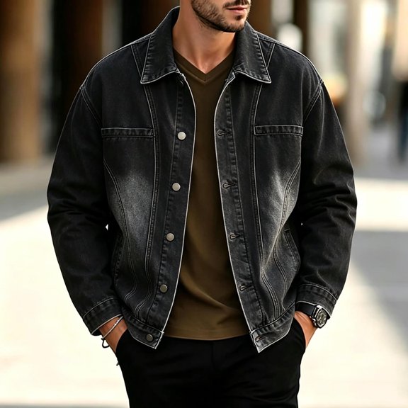 LYSMORA 2026 Men's Lapel Gradient Washed Denim Trucker Jacket, Chest Patch Pockets Oversized Loose Fit Casual Outer Shacket