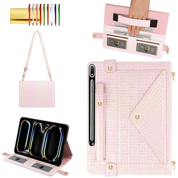 Case for Samsung Galaxy Tab S9 FE 10.9 Inch/S9 11 Inch 2023 (SM-X710/X716), Folio Stand PU Leather Crossbody Cover with Pencil Holder Card Slots Wallet Case with Shoulder Strap Hand Strap, Pink