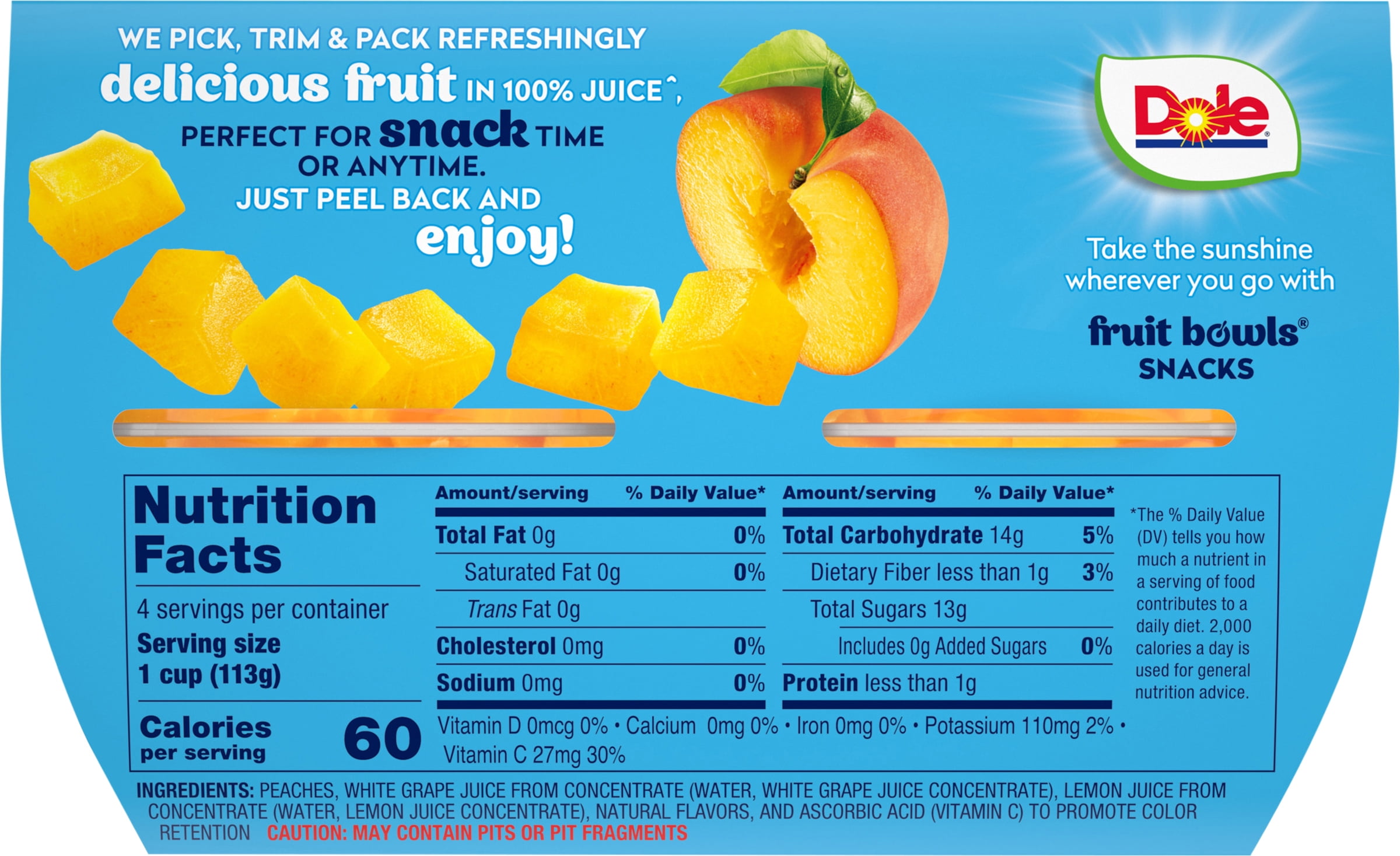 (4 pack) Dole Fruit Bowls Diced Peaches in 100% Fruit Juice, 4 oz Cups (4 Pack)