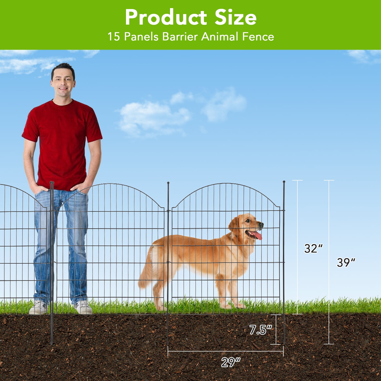 ChaoLink Garden Fence,15 Panels No Dig Decorative Fence for Outdoor ,Yard, Patio,29*32 in Animal Barrier Rustproof Metal Wire Panel,Temporary Dog Fence ArcArc 29w×32h in