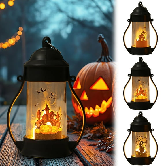 Dmlowu Halloween Lantern Lights, 4x6 inch Black Halloween Decorations Led Lantern Pumpkin Lights, Spooky Vintage Lantern for Holiday Party Halloween Decoraions Outdoor & Indoor