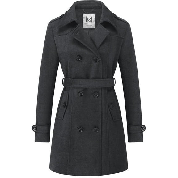 KVE Women's Classic Double Breasted Pea Coat Winter Mid-Long Slim Trench Coat with Belt Dark Grey XX-Large