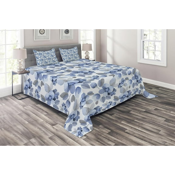 Ambesonne Romance Quilted Coverlet 3 Pcs, Paintbrush Camelia Leaf, Queen Size, Blue