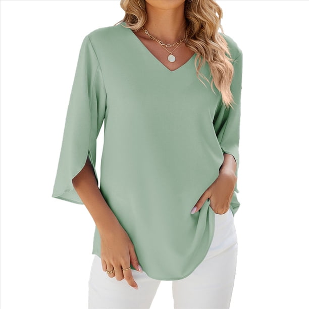 Blusas Elegantes e Informales para Mujer, de 1/2, para Oficina, de , con Cuello en V, Color Verde Frijol, Talla XXL