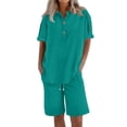 thumbnail image 3 of Womens Summer Outfits Cotton Linen Short Sleeve Button Down Shirt with Bermuda Shorts 2 Piece Lounge Set with Pockets Green S, 3 of 6