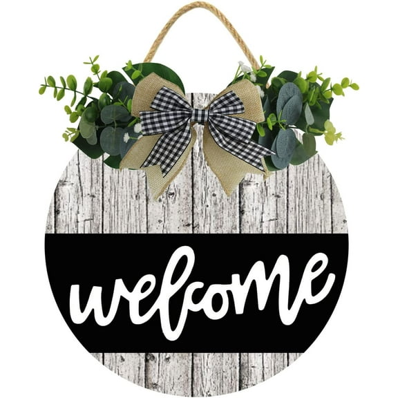 Eveokoki 12" Welcome Front Door Decor for Farmhouse Porch Decorations, Rustic Welcome Wreaths Sign with Stapled Greenery, Round Wooden Hanging Sign Housewarming Gift