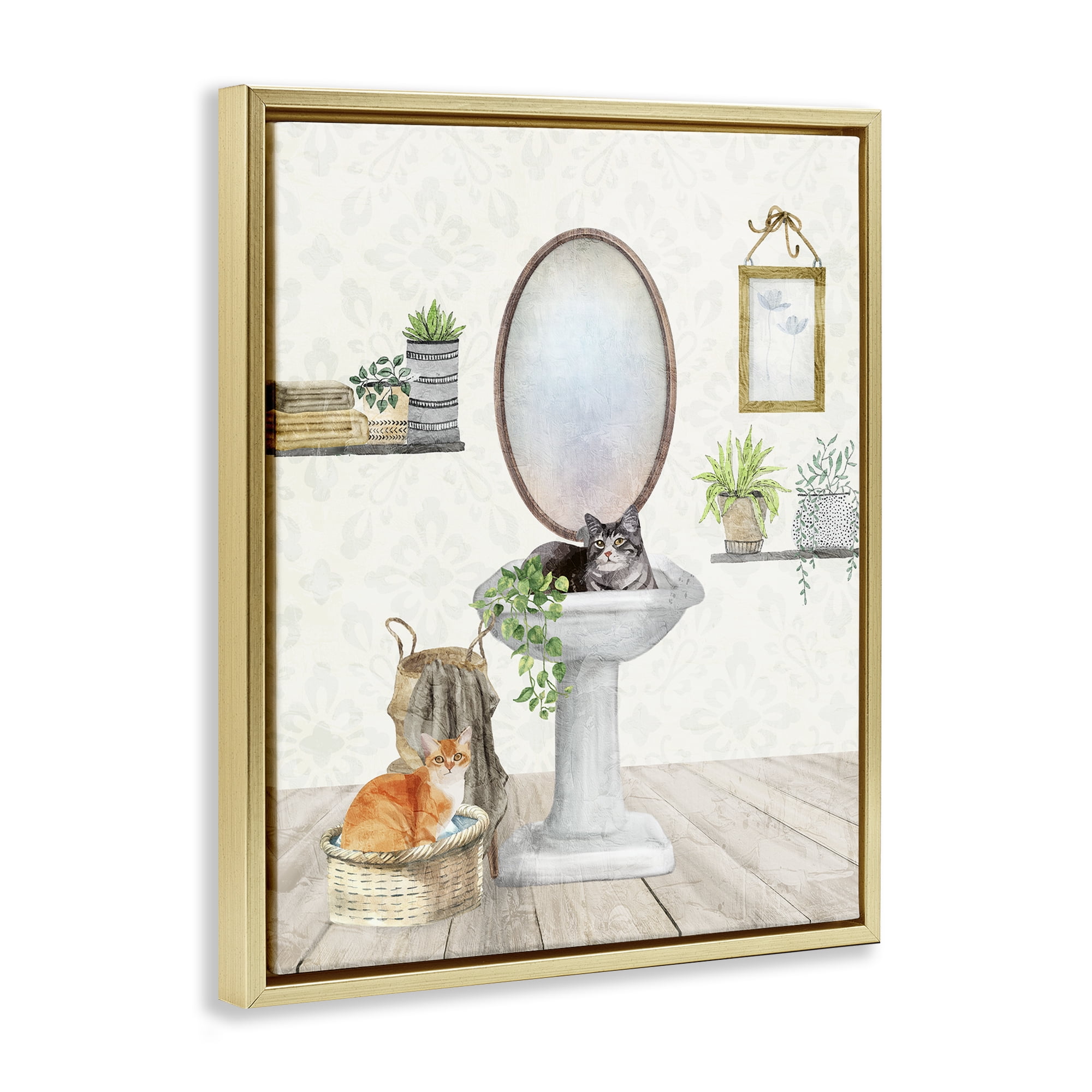 Stupell Industries Cats in Bathroom Scene Bath & Laundry Painting Gold Floater Framed Canvas Art Print Wall Art, 17 x 21