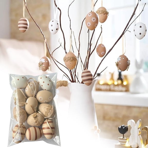 12Pcs Plastic Easter Eggs Ornaments, 2" Beige & Green Shatterproof Hanging Decorations for Easter Tree, Holiday & Spring Party Decor