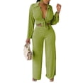 thumbnail image 4 of VISgogo Conjunto de Ropa de 3 Piezas para Mujer, Blusa de Color Sólido de Manga Larga con Cuello de Solapa + Sujetador + Pantalones de Pierna Ancha VISgogo moda, 4 of 9