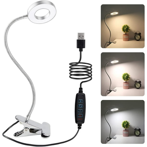 Lámpara de escritorio LED con clip de 8 W e interruptor, 3 colores de luz y 10 niveles de intensidad regulable, cuello de cisne flexible de 360°, lámpara de noche USB para leer, estudiar y trabajar, p