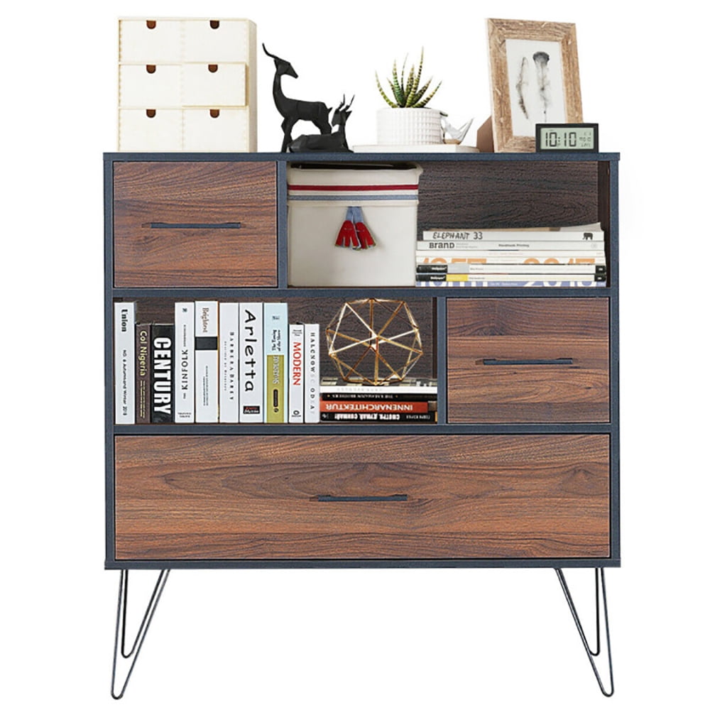 Finihen Storage Cabinet, 3-Tier Wood Storage Cabinet with Drawers and 4 Metal Legs, Cabinet for Living Room, Home, Office, Entryway, Brown