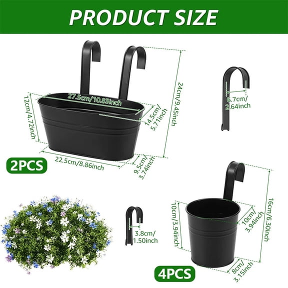 6Pcs Hanging Flower Pot Metal Iron Outdoor Railing Planter with Hook and Drainage Hole Fence Hanging Bucket Pot Garden Accessory