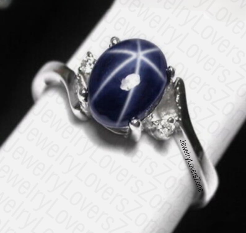 JewelryLoversZone 925 Sterling Silver Blue Star Sapphire Gemstone Ring 6-Ray Gems Engagement Ring Handmade Jewelry Gift for Women Gold 5.5